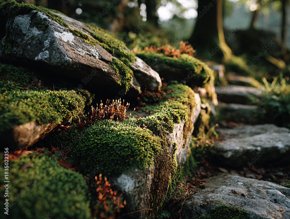 Obraz premium a forested area with moss-covered rocks and trees. The scene is lush with greenery, suggesting a humid and possibly temperate climate.