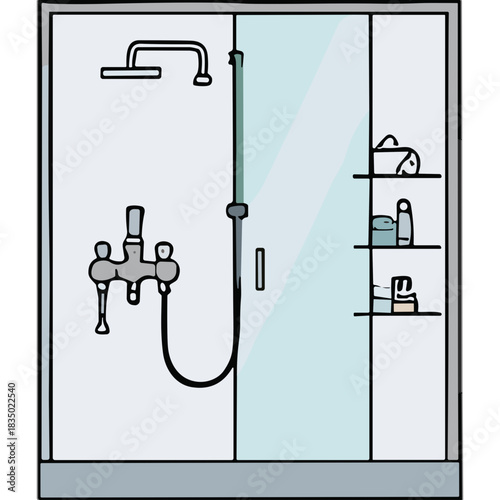 Modern Shower Stall With Glass Door Featuring Shelves Holding Various Bathroom Amenities Cleanliness Hygiene Concept