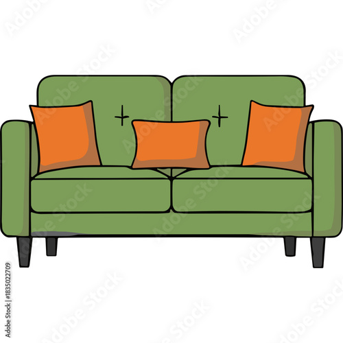 Modern Green Two Seater Sofa With Orange Cushions Elegant Living Room Furniture Simple Clean Design Isolated On Black Background Vector Illustration