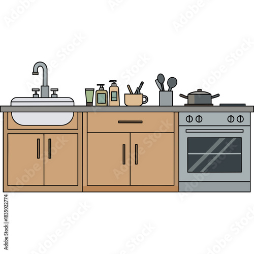 Modern Kitchen Countertop With Sink Stove And Cabinetry Featuring Cooking Utensils And Bottles In A Minimalist Style Illustration