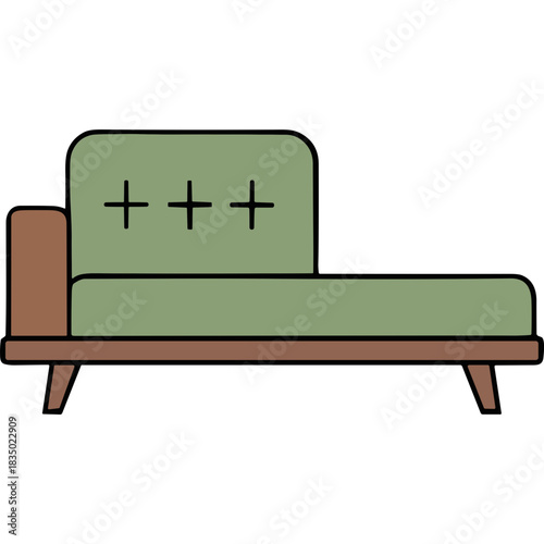 Modern Minimalist Chaise Lounge Sofa With Tufted Backrest In Sage Green Upholstery And Wood Frame On Black Background Simple Furniture Design