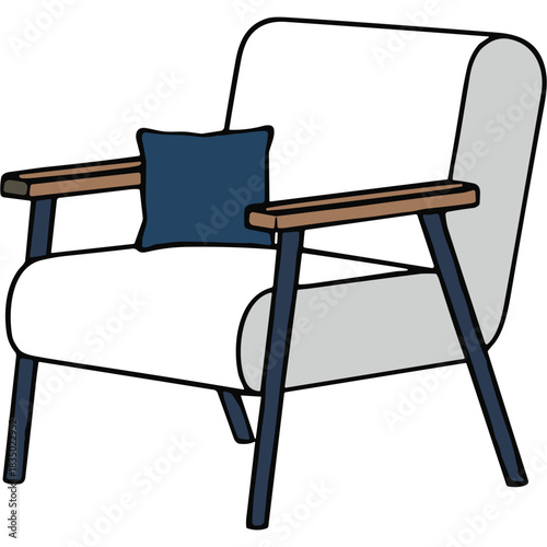 Modern Mid Century Armchair With White Upholstery Wooden Armrests And Blue Accent Pillow Isolated On White Background Minimalist Design For Living Room Furniture