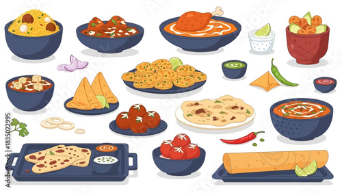 Assorted Traditional Indian Foods in One Vector Illustration Featuring Biryani, Butter Chicken, Samosas, Dal Makhani, Palak Paneer, Vindaloo, Naan, Masala Dosa, Gulab Jamun, and Other Classic foods