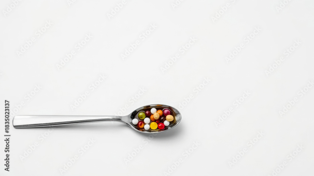 Fototapeta premium Teaspoon filled with colorful pills, vitamins or syrup on white background. Daily dose concept with copy space.