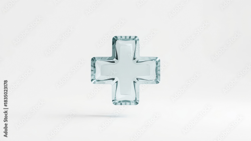 Obraz premium Transparent glass plus sign or medical cross symbol isolated on white background. Minimalist 3D render of positive concept.