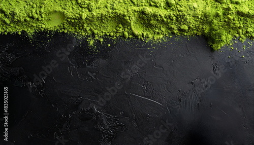 黒い背景に置かれた鮮やかな抹茶のパウダーのフレーム　粉末緑茶、高級和風素材