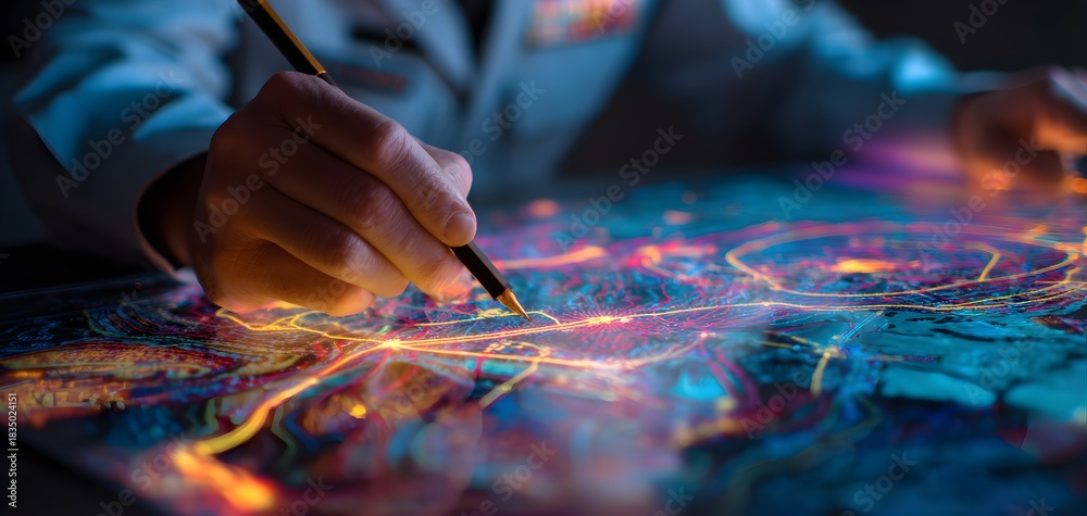 Obraz premium Close up of a person s hands creating intricate glowing lines on a dark surface with a stylus