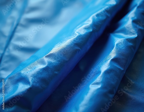 Abstract shot of blue waterproof tarp. The canvas folds create interesting shadows. This photo shows texture details of industrial fabric cover in protective use.