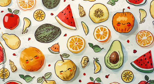 Seamless pattern of cute cartoon fruits with smiling faces, colorful watercolor style watermelon, oranges, avocados, apples and citrus slices on white background for kids, food packaging and summer de