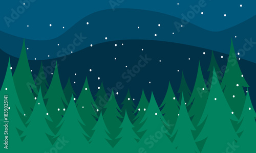 Night Forest Landscape with falling snow effect winter background