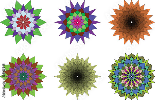 Collection of six geometric starburstlike kaleidoscopic designs isolated on transparent background