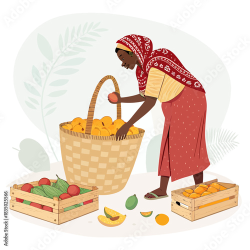 African woman gathering fruit in a basket