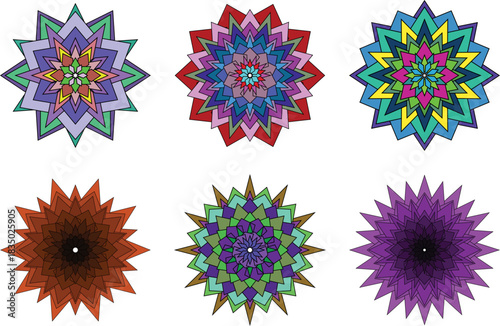 Colorful mandala geometric shapes and patterns isolated on transparent background