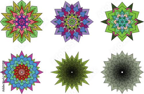 Collection of six colorful geometric flowerlike designs in various color schemes