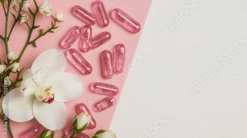 Pink gel capsules with orchid flowers on split background. Women health, collagen beauty supplement or skin care concept with copy space.