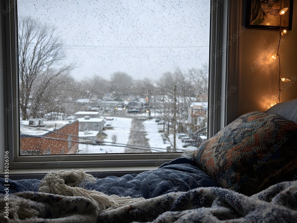 Fototapeta premium Cozy bedroom interior with warm lights overlooking snowy winter neighborhood through window