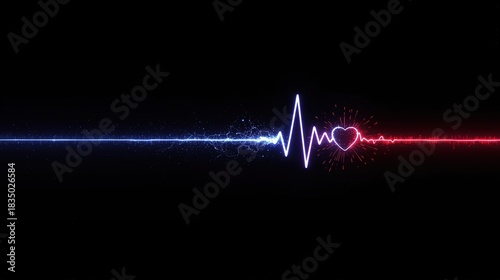 Glowing red ECG heartbeat line on dark blue grid. Digital vital signs monitor concept for medical cardiology and emergency.