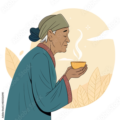 Bornean elder holding a traditional cup of tea peacefully