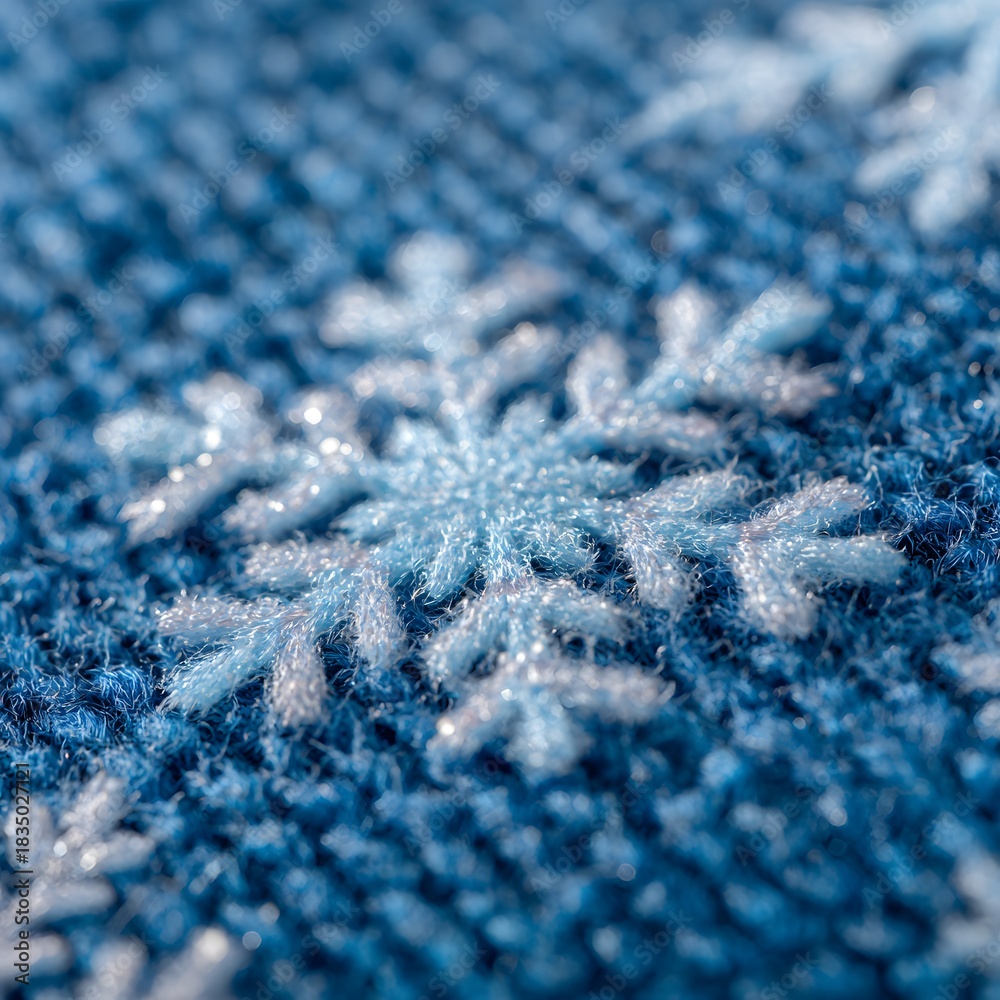Fototapeta premium Macro close up of frozen snowflake crystal on blue fabric winter background