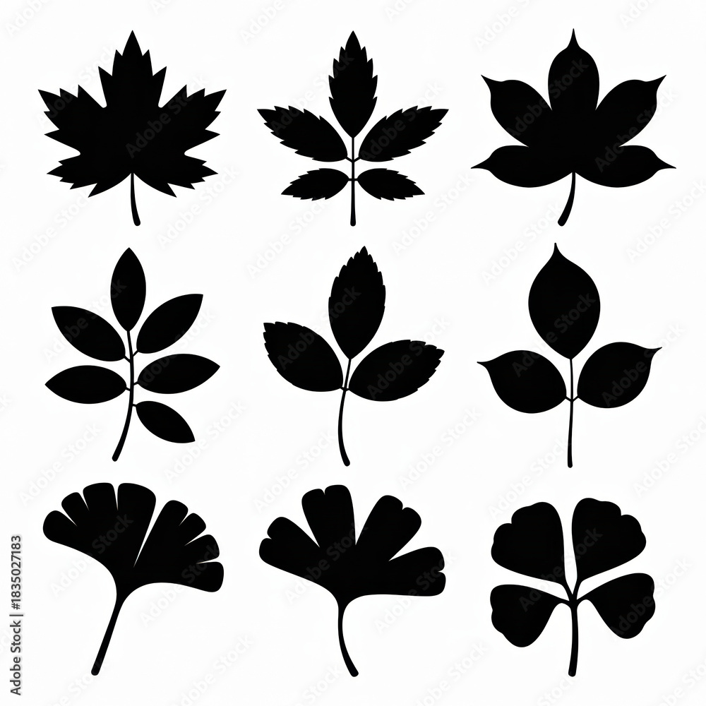 Obraz premium A clean, minimalist, graphic design illustration featuring a grid of nine distinct, solid black leaf silhouettes against a pure white background.