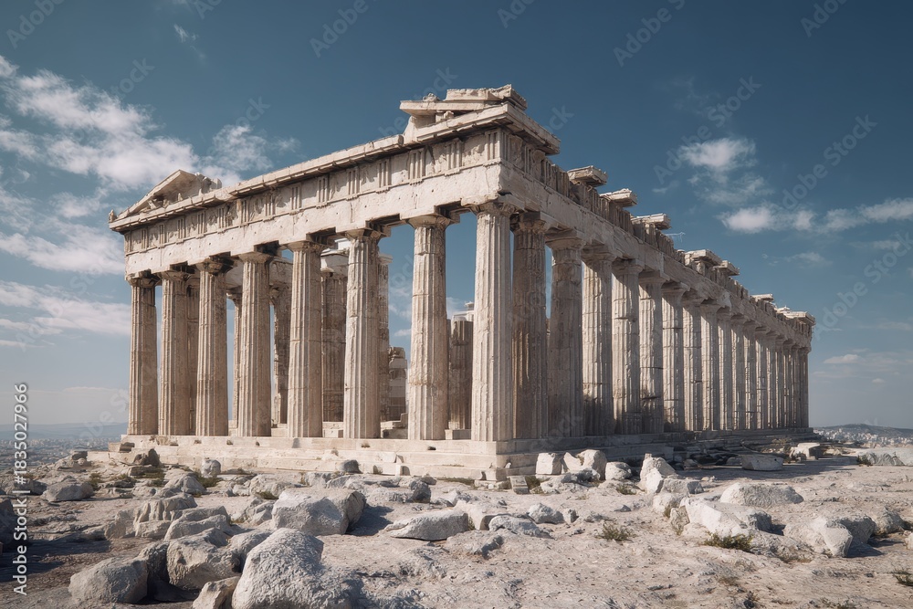 Fototapeta premium Historic Parthenon Temple standing majestically on the Acropolis in Athens, Greece under a clear blue sky showcasing ancient architectural beauty and rich cultural heritage