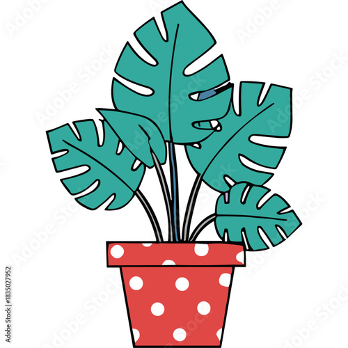 Monstera Deliciosa Plant in a Red and White Polka Dot Pot with Teal Green Leaves Minimalist Illustration Vibrant Tropical Houseplant Decor
