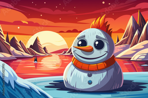 snowman beside a shallow snowy lakeside, with gentle reflections forming a peaceful Christmas 2026 winter environment