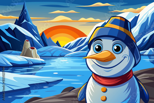 snowman beside a shallow snowy lakeside, with gentle reflections forming a peaceful Christmas 2026 winter environment