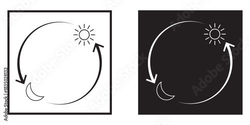 Day And Night Cycle Icon. Sun And Moon With Arrows Representing Time Transition Glyph Symbol. Daytime And Night time Change. Isolated on white and black background. Vector illustration. EPS 10