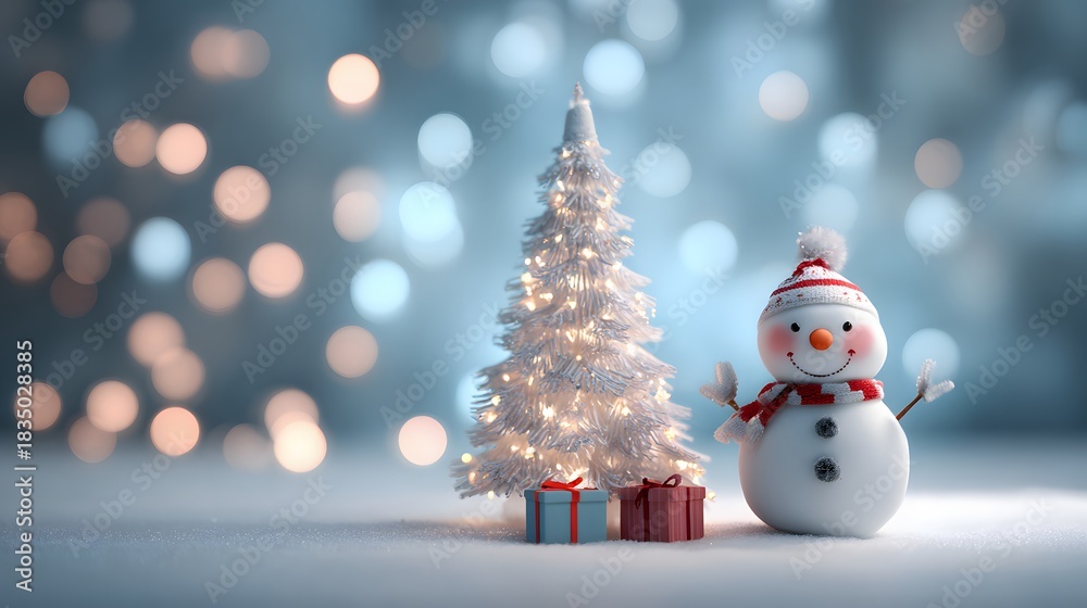 Obraz premium Glossy 3D Christmas tree with tiny lights next to cheerful snowman holding small gift boxes modern studio style wide negative space