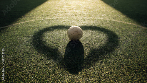 A soccer ball on a sunlit green pitch casting a symbolic heart-shaped shadow.