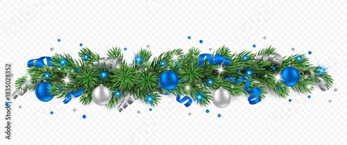 Vector pine tree garland with silver and blue Christmas balls, confetti, ribbons and lights isolated on a transparent background. Holiday Christmas tree border for winter decor.