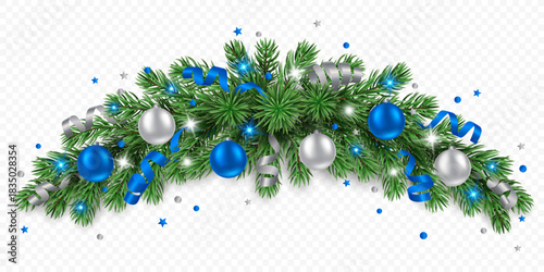 Vector pine tree garland with silver and blue Christmas balls, confetti, ribbons and lights isolated on a transparent background. Holiday Christmas tree border for winter decor.