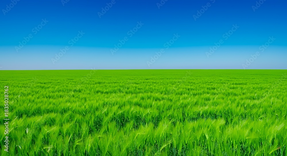Fototapeta premium Vast Green Field of Grass Under Bright Blue Sky in Natural Landscape