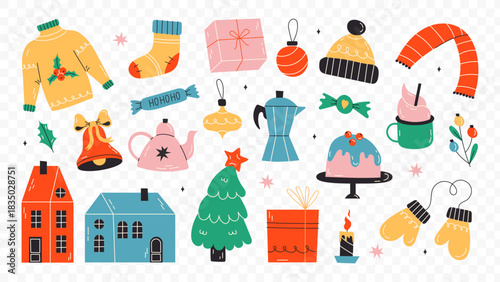 Charming collection of festive christmas decorations and holiday elements in a delightful flat vector illustration. Vector stock illustration.