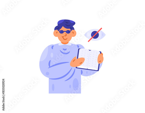Illustration of a blind man holding a Braille book. A special book for the visually impaired. World Braille Day. Flat style character design. White background.