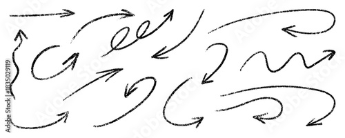Crayon doodle curved arrows set. Vector charcoal sketch dynamic pointers for highlight notes, navigation UI and presentation infographics. Scratched lines, swirls and waves create marker arrow bundle