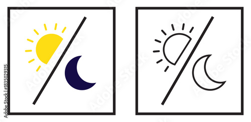 Sun and moon outline icon. Dark and light theme for app concept. Web ui sign. Moonlight and sunlight symbol. Simple flat design. Vector illustration.
