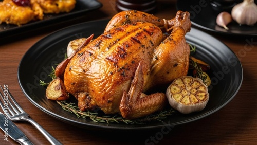 Fototapeta Naklejka Na Ścianę i Meble -  Golden Roasted Chicken with Garlic and Rosemary on a Black Plate