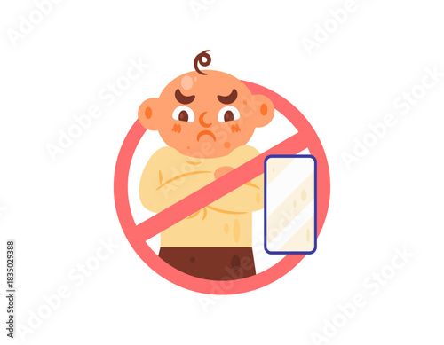 Illustration of an angry little boy with a prohibition sign and a cell phone. The concept of prohibiting children from playing with smartphones. Flat style character design. White background.