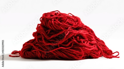 Close-up of a tangled pile of vibrant red yarn on a white background