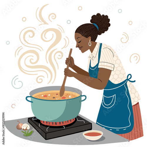 Caribbean woman stirring a pot of yam porridge