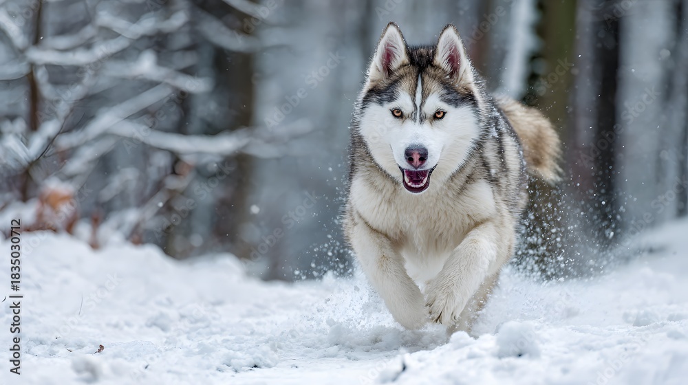 Naklejka premium Siberian husky running fast through snowy winter forest with energy and excitement
