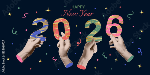 New year collage. Hands with trendy halftone effect holding numbers 2026. Vector design elements, greeting card, invitation, banner.