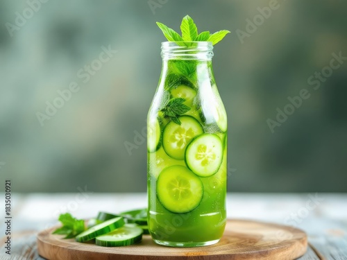 Infused water with cucumber and mint in glass bottle
