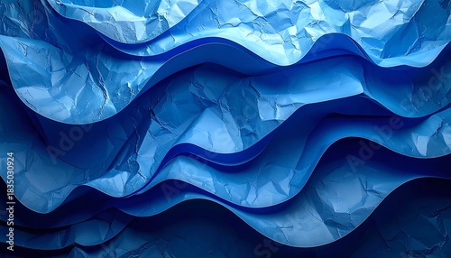 Abstract, layered blue paper waves with crinkled texture and varying light creating depth