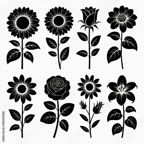 A silhouette illustration featuring a collection of eight distinct floral silhouettes arranged in two rows of four against a stark white background. 