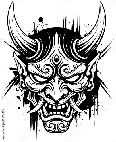 Powerful Oni mask with detailed linework, invoking Japanese folklore and strength