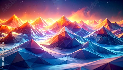 Abstract low-poly mountain range with a vibrant sunset sky. Geometric shapes create a surreal landscape