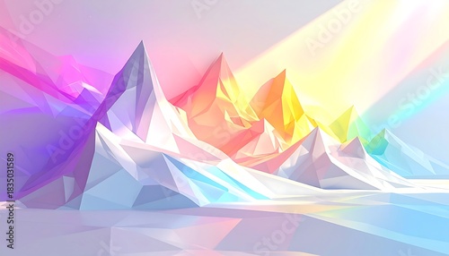 Abstract low-poly mountains shine in pastel rays. Polygonal facets create a dreamy, stylized, digital landscape